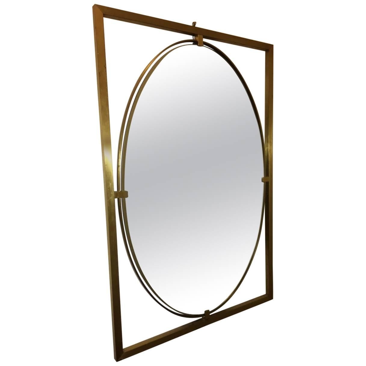 Pair of Italian Modern Floating Oval Brass Framed Mirrors For Sale