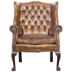Mid-20th Century Leather Chesterfield Wingback Armchair in Hand-Colored Leather