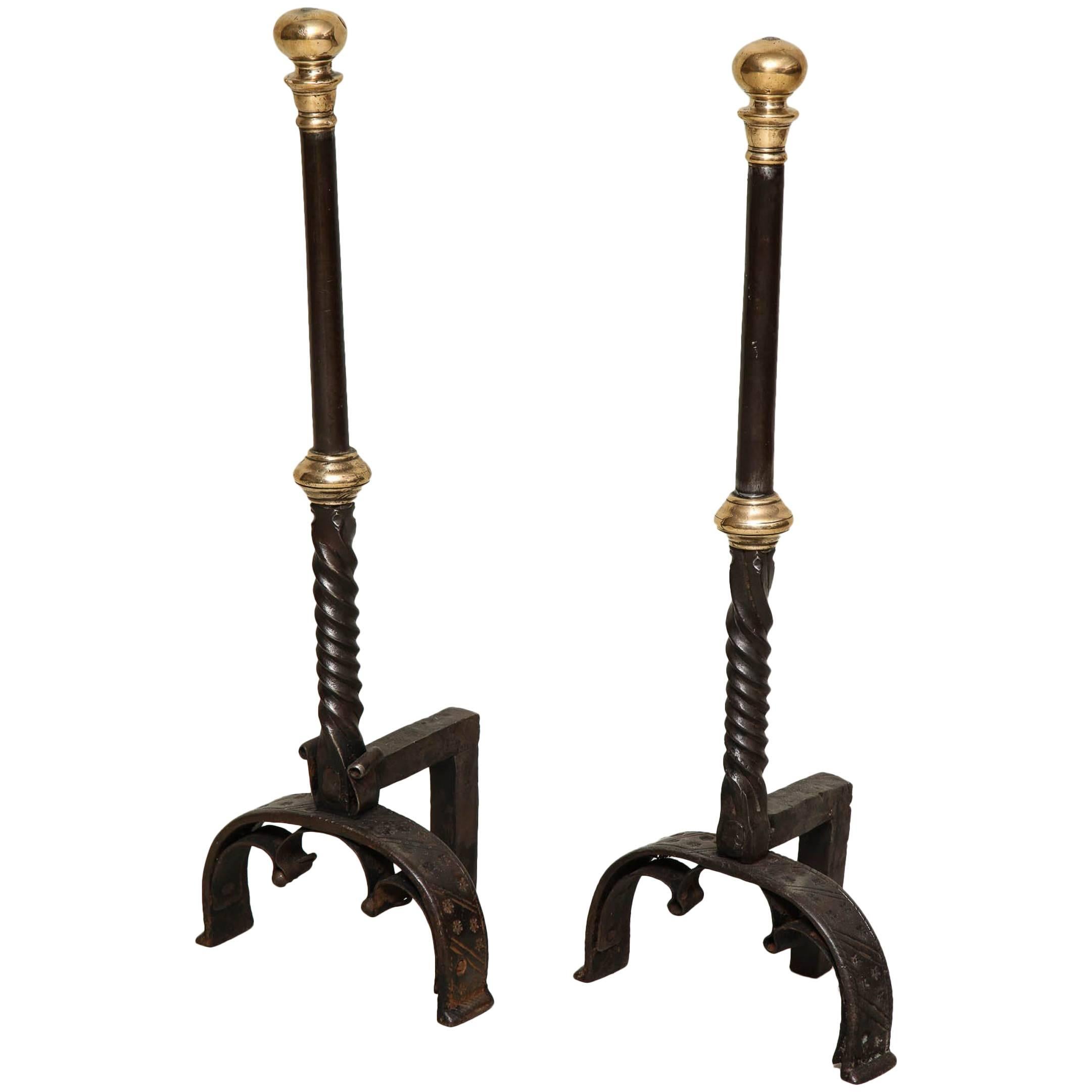Unusually Shallow Baroque Bronze and Wrought Iron Andirons