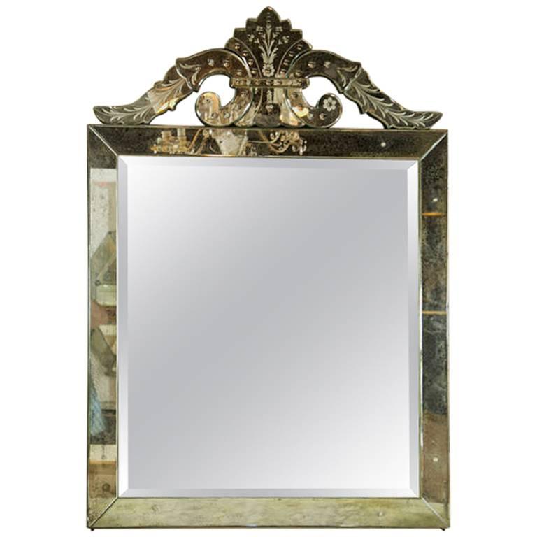 Distressed Antiqued Venetian Roma Style Square Mirror Crest Etched Detail