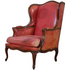 French Louis XV Style Walnut and Red Leather Upholstered Bergere, 19th Century