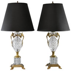 Vintage Pair of Cut Glass Crystal and Brass Table Lamps with Grape Leaf Detail