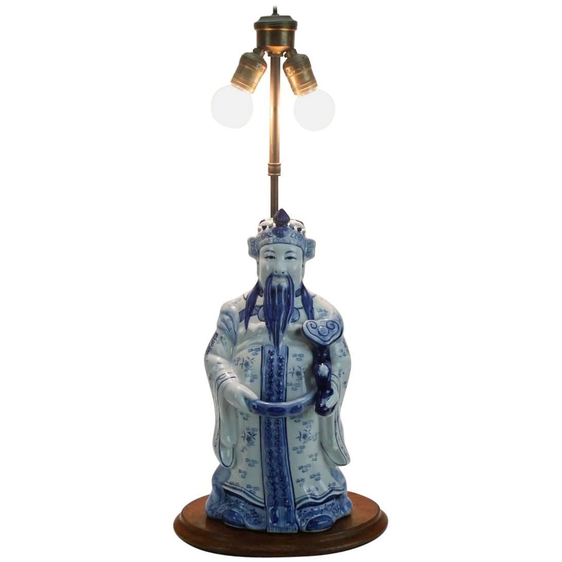 Vintage Blue and White Ceramic Chinese Figural Lamp For Sale