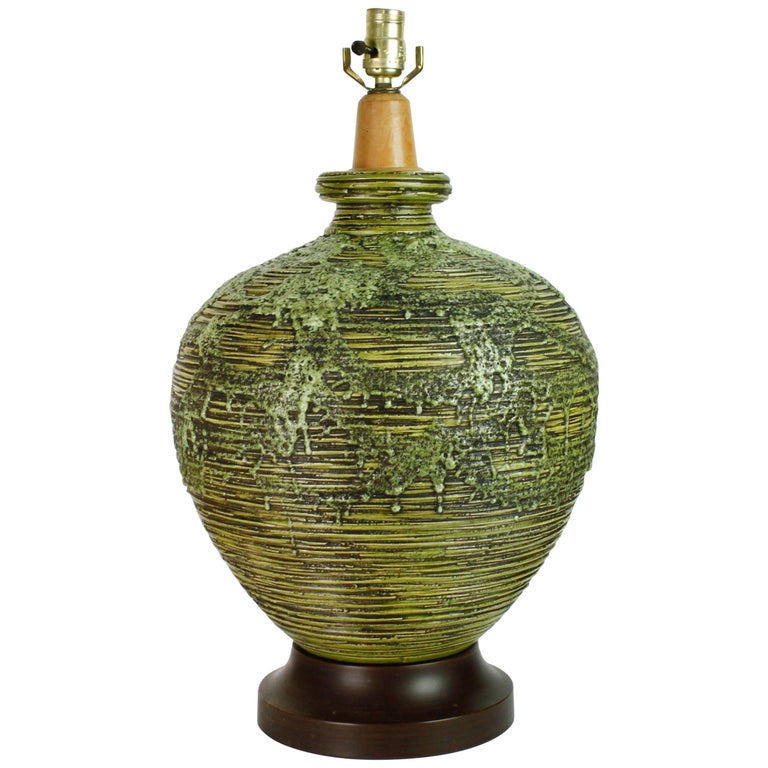 Large MidCentury Modern Green LavaGlazed Table Lamp For Sale at 1stDibs