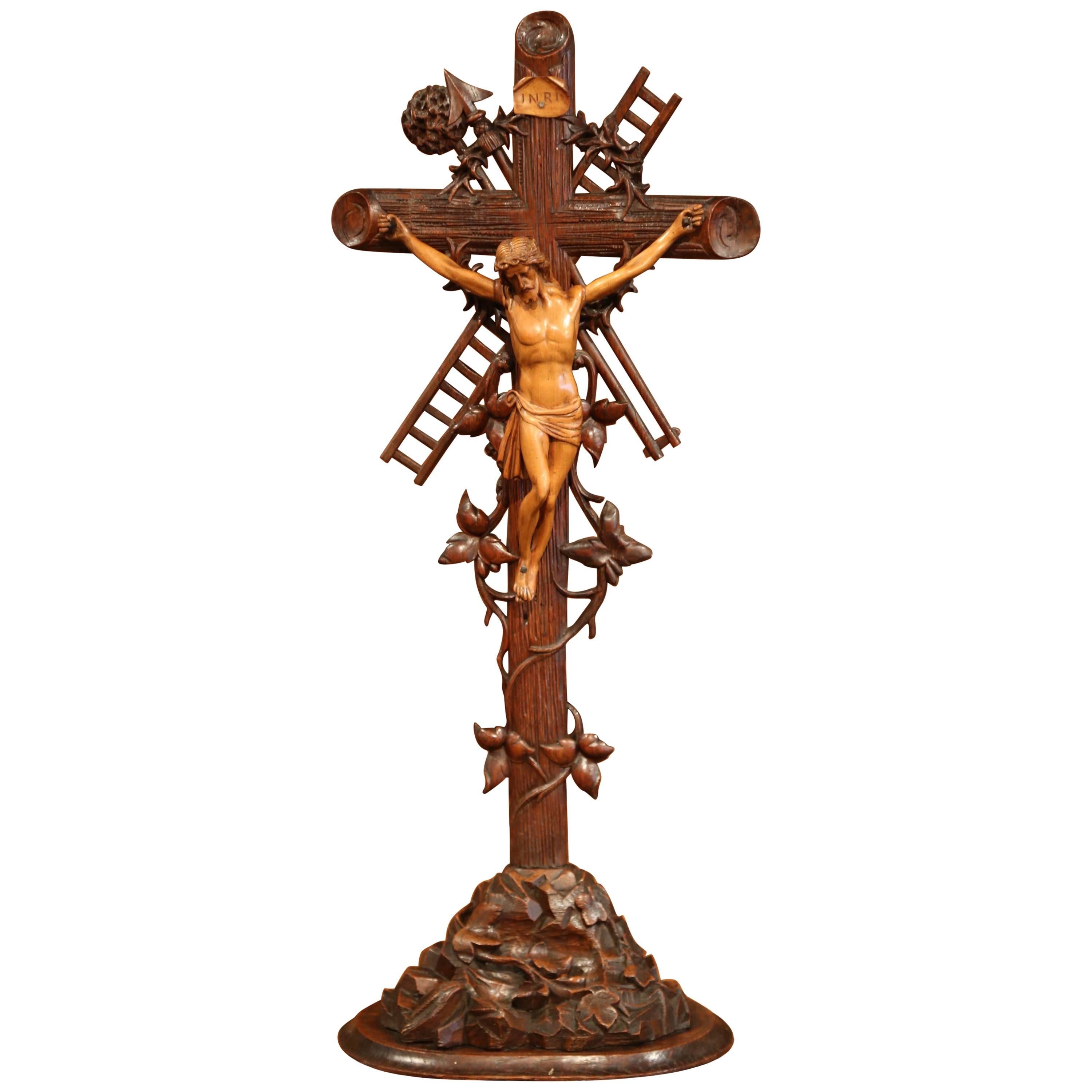 Tall 19th Century French Black Forest Carved Walnut Crucifix with Jesus Christ