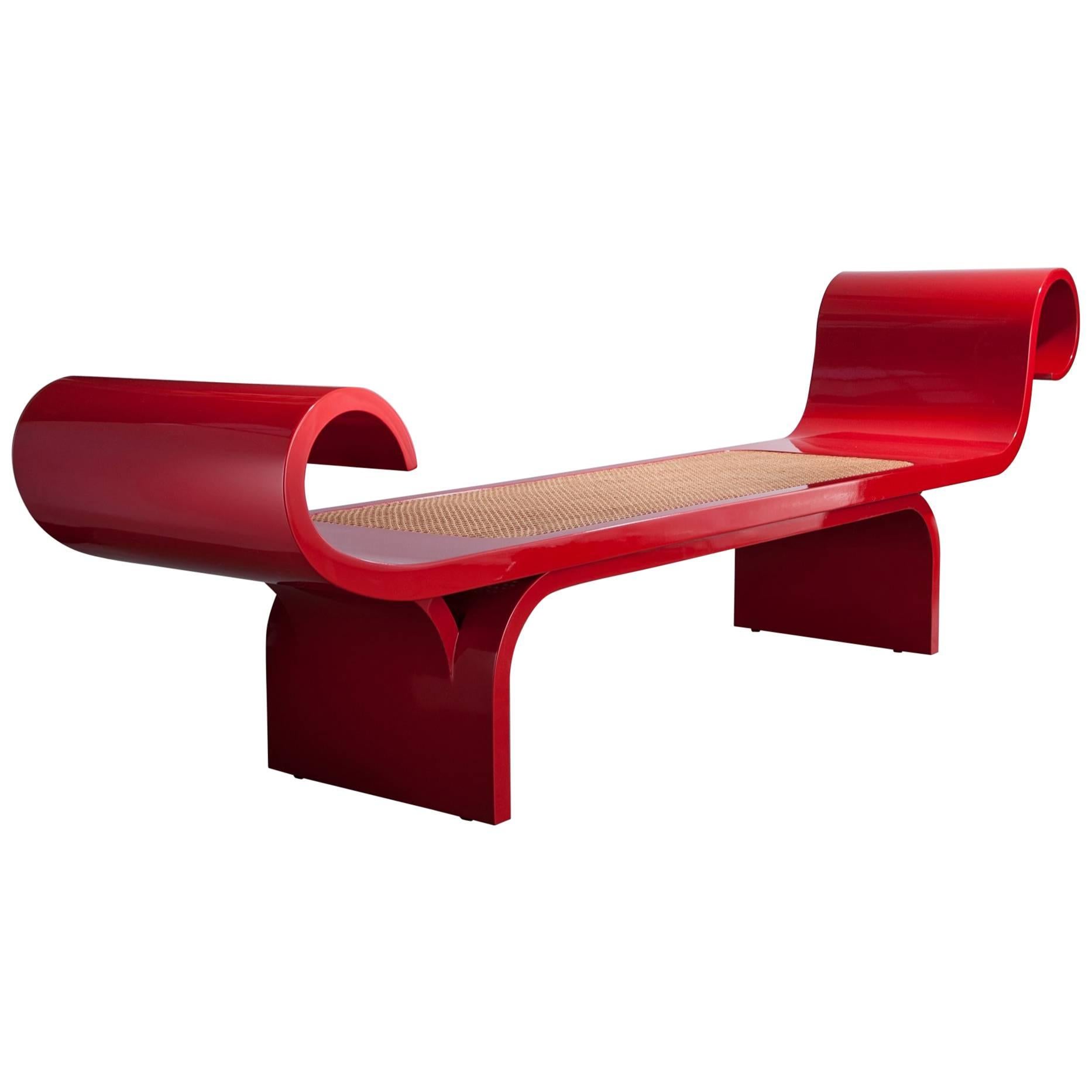 "Marquesa" Bench in Red with Cane Seat and Bent Wood Detailing at Each End