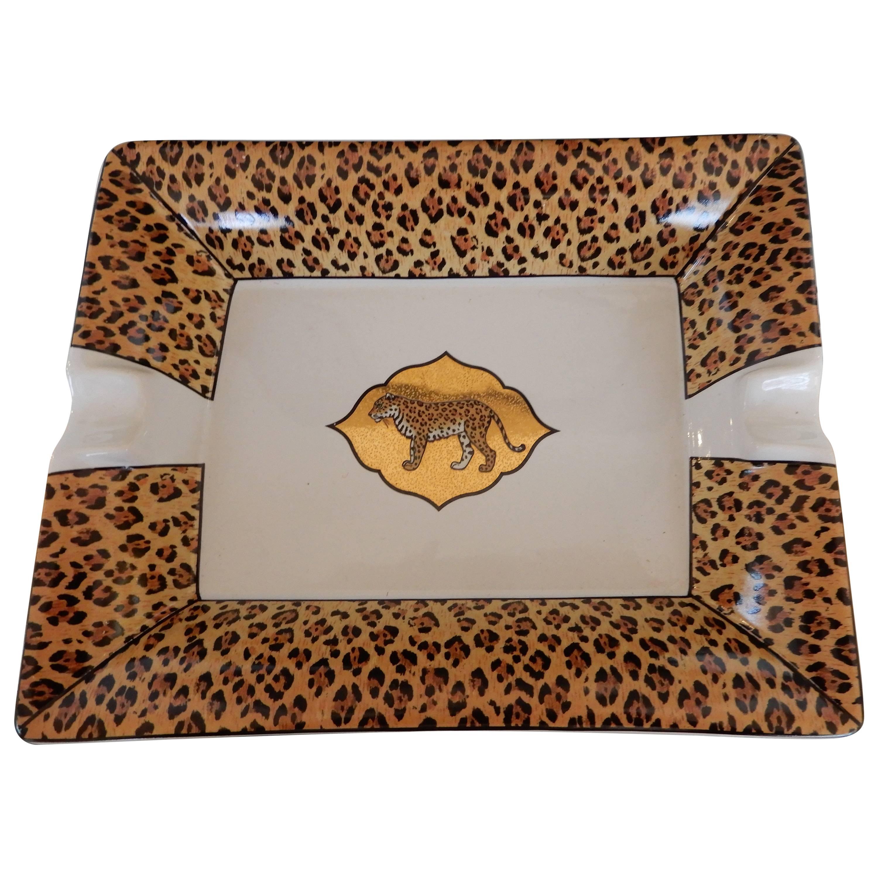 Chase Hand-Painted Ceramic Leopard Ash Tray with 24-Karat Gold
