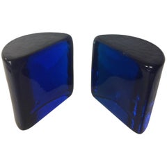 Pair of Cobalt Blue Half Moon Glass Bookends by Wayne Husted for Blenko