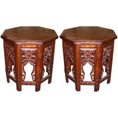 Vintage Pair of Inlaid Hand-Carved Anglo-Indian Side or End Tables with Brass and Copper