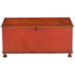 American Red-Painted Miniature Blanket Chest on Bottleneck Feet, circa 1820-1840