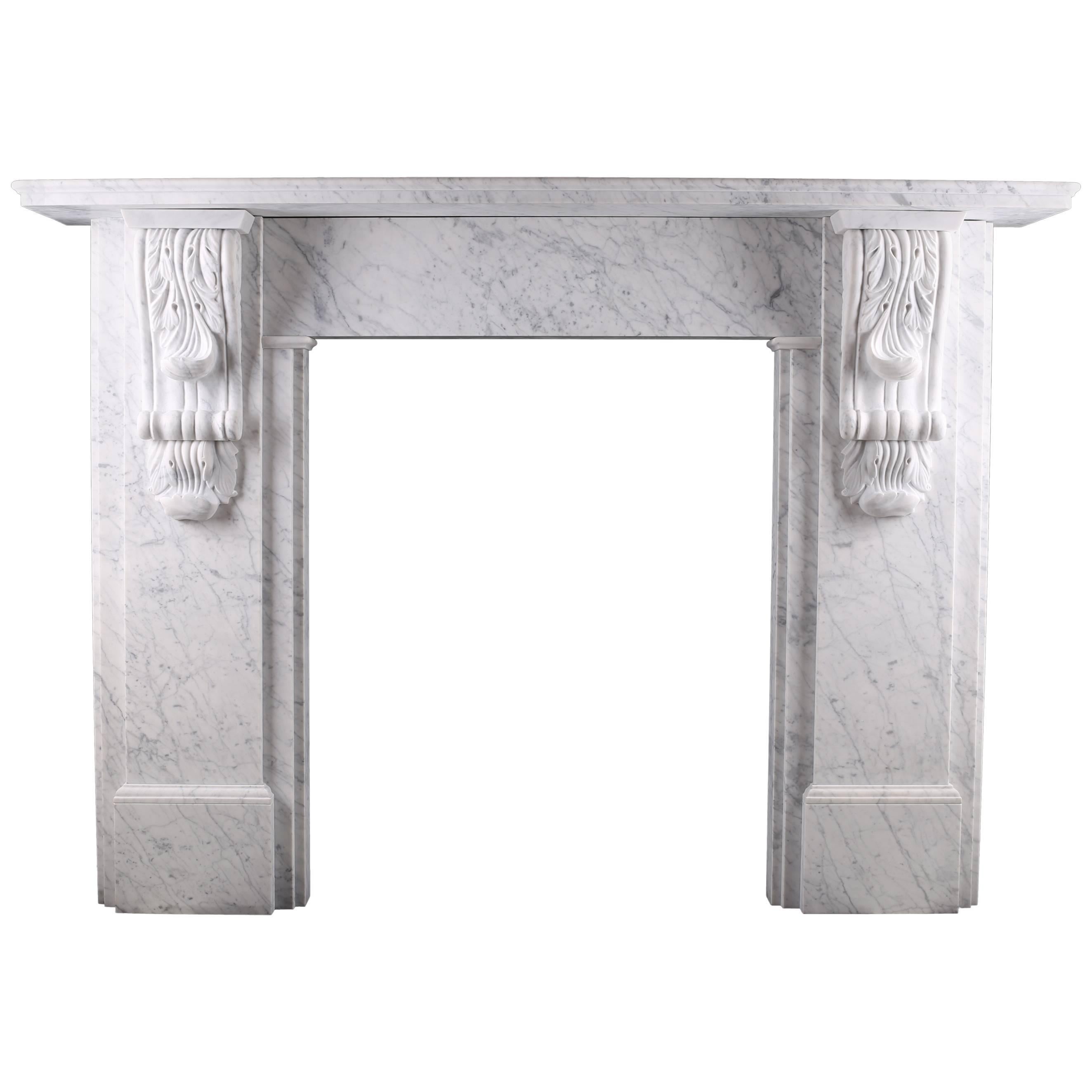 Grand Victorian Carved Corbel Fireplace in Italian Carrara Marble For Sale
