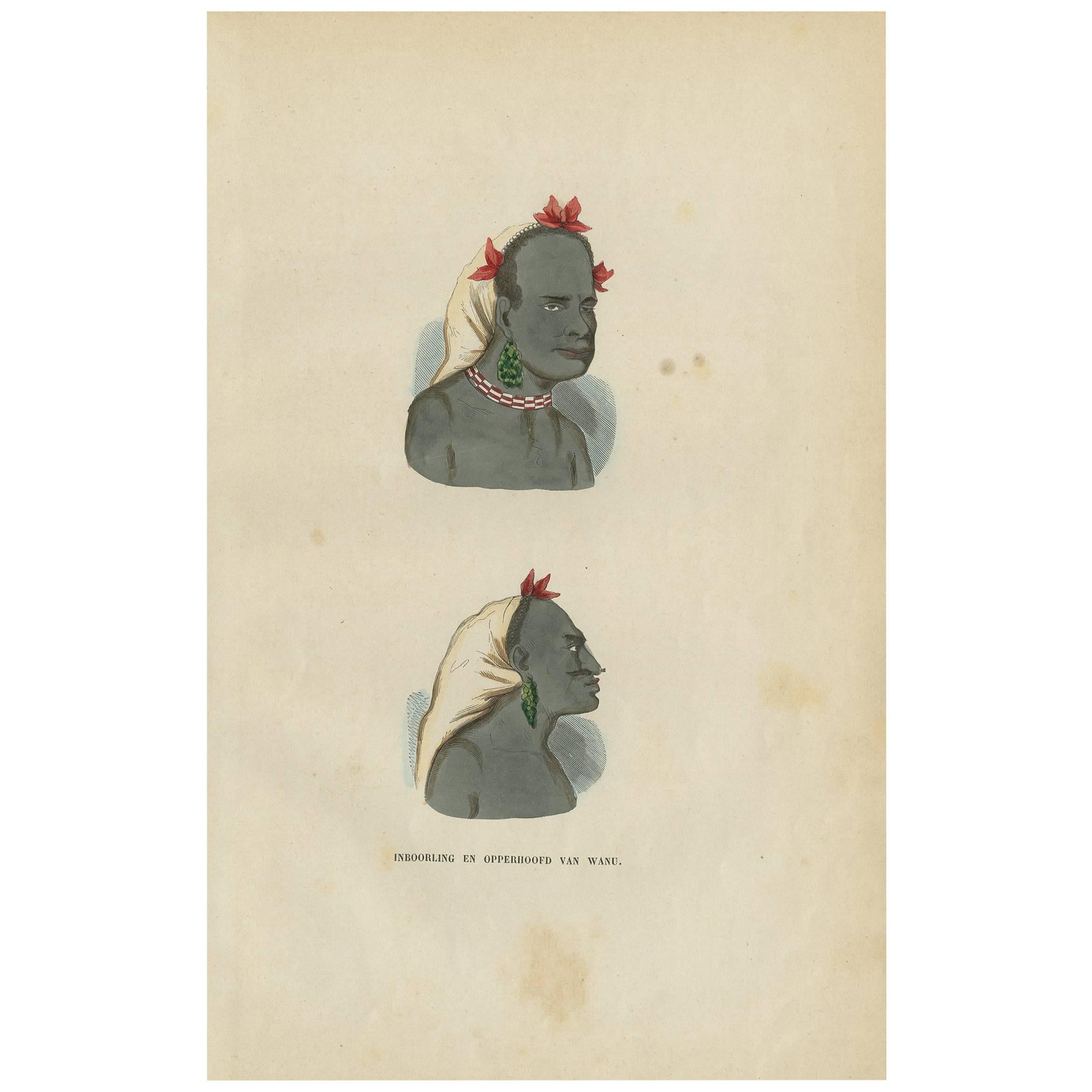 Antique Print of an Inhabitant and Chief Leader of Wanu by H. Berghaus, 1855 For Sale