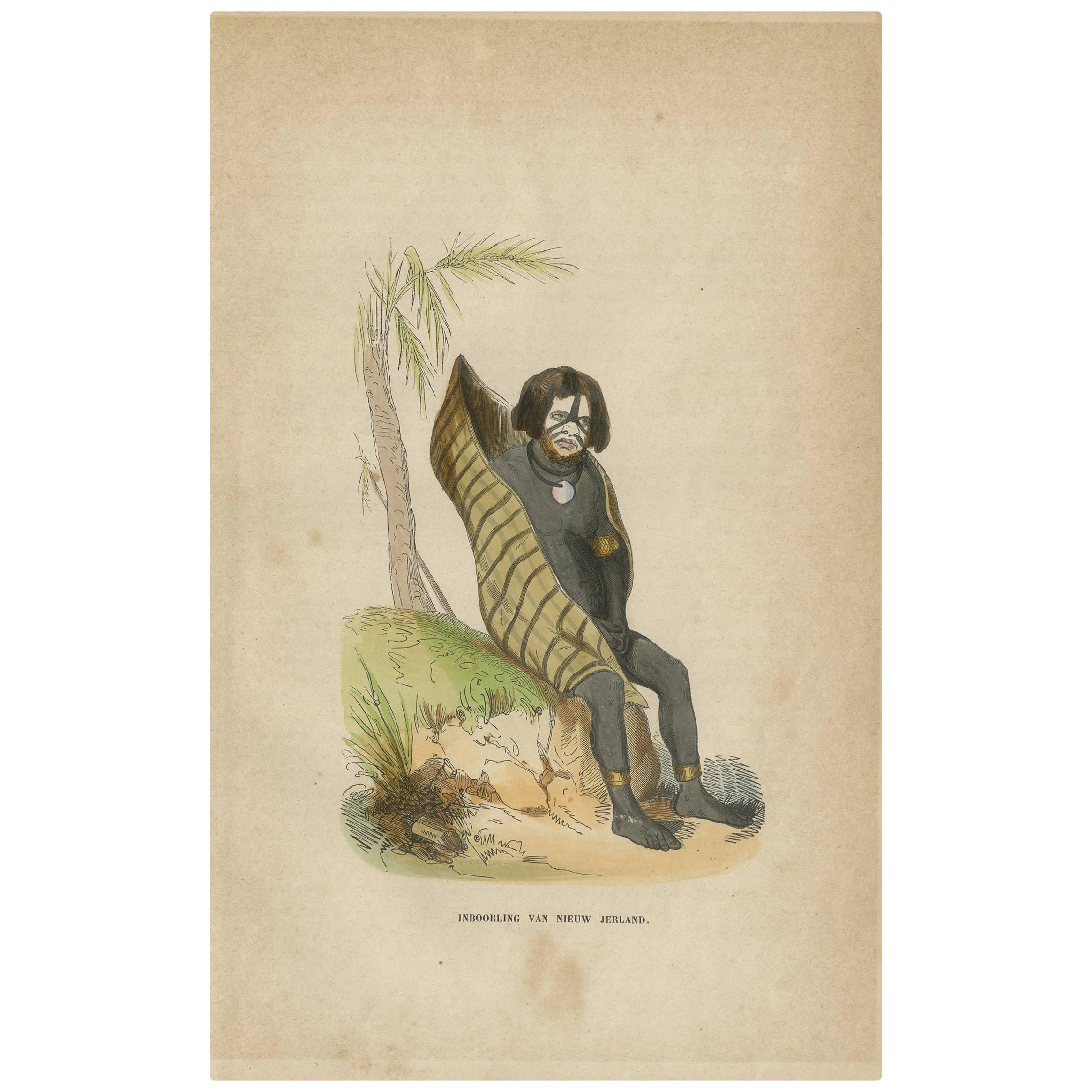 Antique Print of an Inhabitant of New Ireland 'Papua Guinea' by H. Berghaus 1855 For Sale