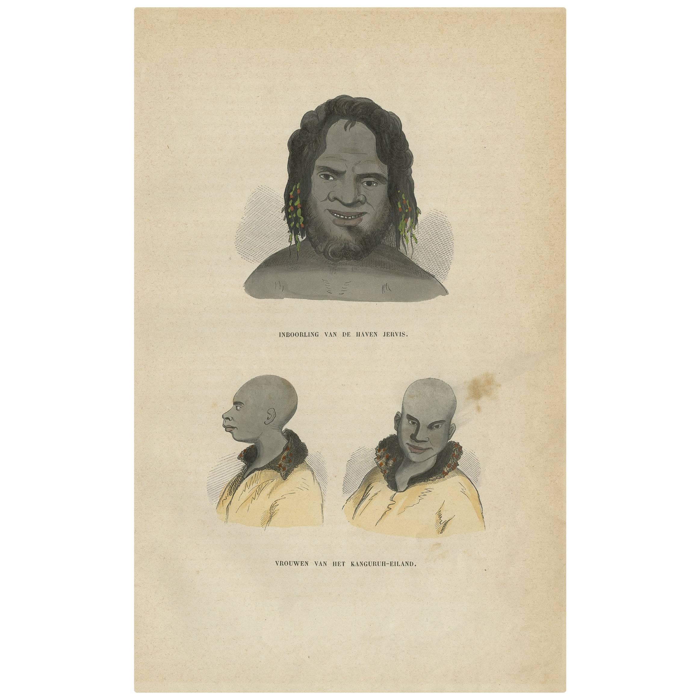 Antique Print of Natives from Jervis and Kangaroo Island by H. Berghaus, 1855 For Sale