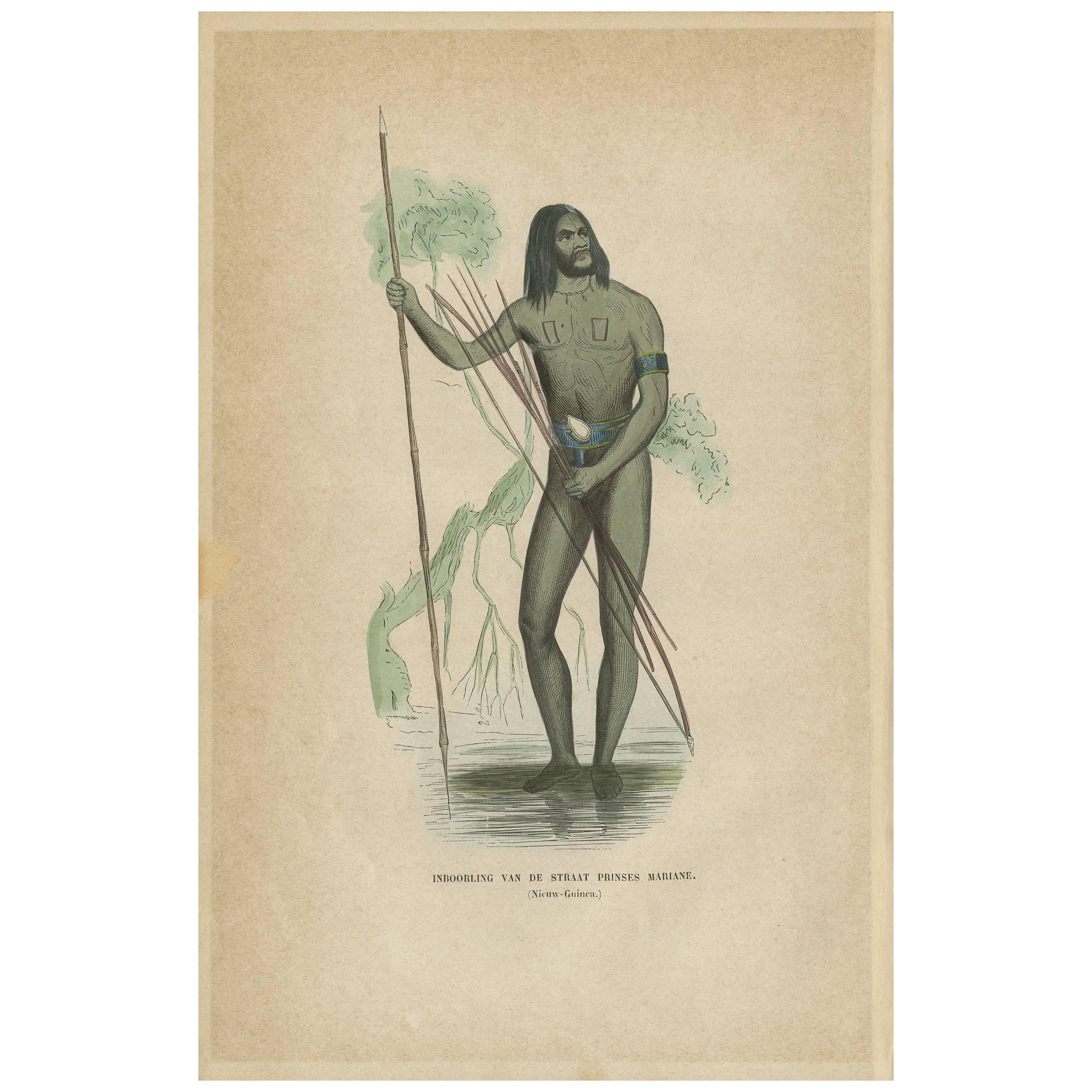 Antique Print of a Native from the Princess Marianne Strait by H. Berghaus, 1855 For Sale