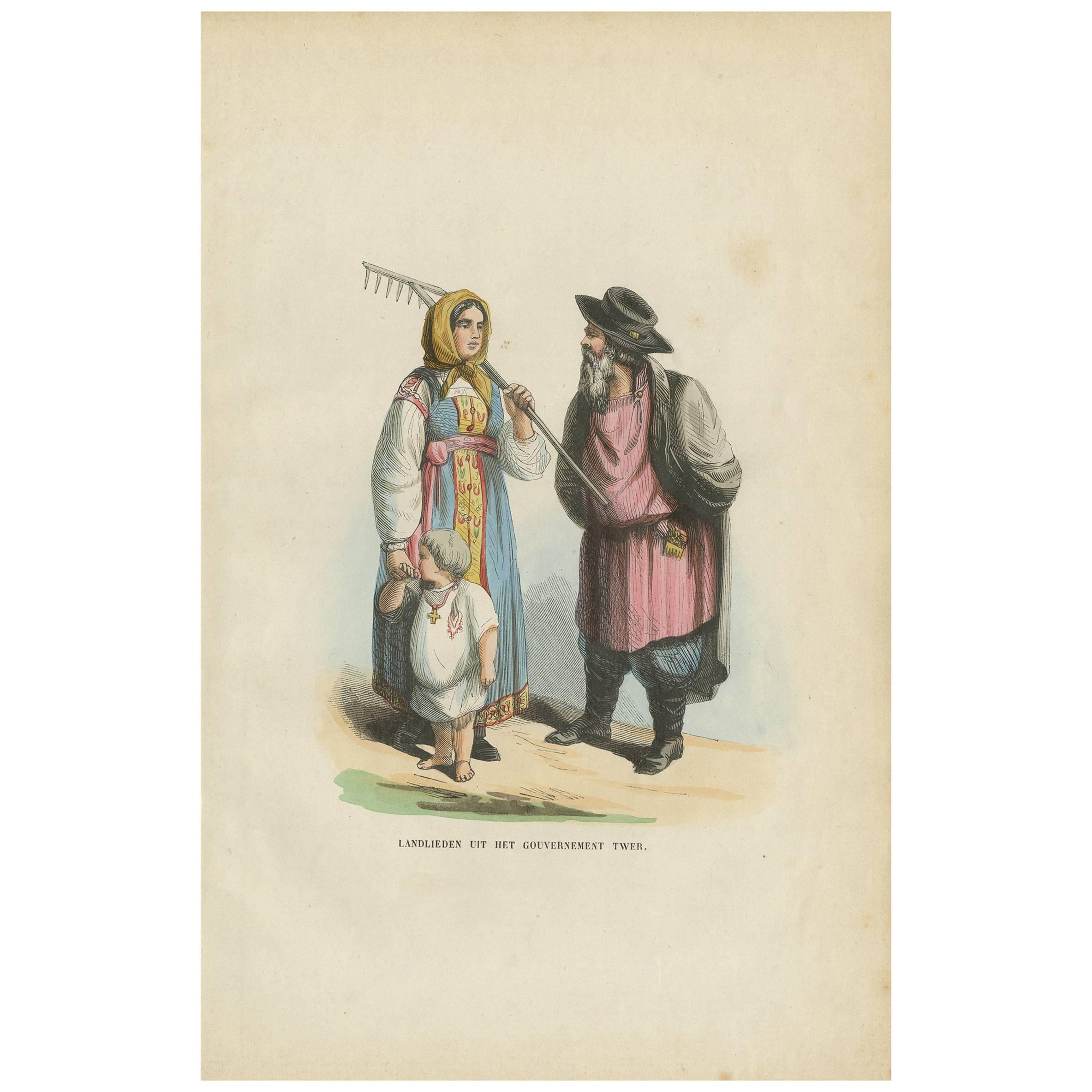 Antique Print of a Farmer Family from Tver 'Russia' H. Berghaus, 1855 For Sale