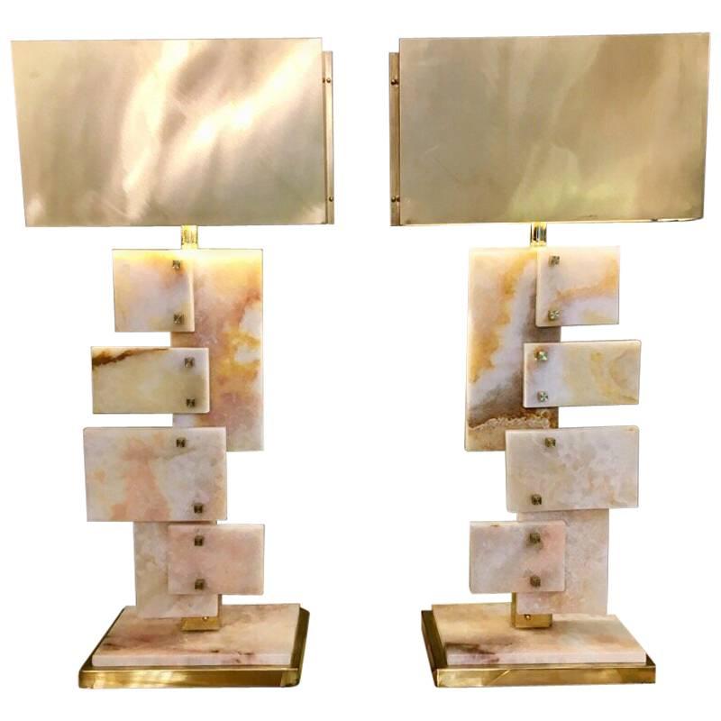 Pair of Italian Alabaster Table Lamps, Rectangular Brass Lampshades, 1970s