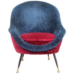 Vintage Mid-Century Modern Armchair Italian Design 1950s Peluche Blue Red 