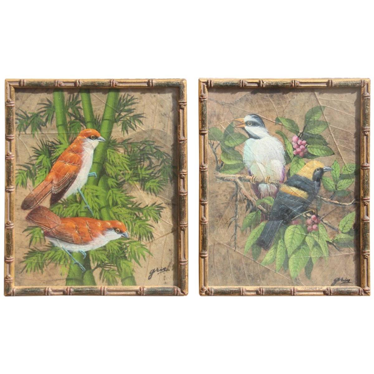 Paintings of Birds on Leaves 1970s Art Decoration