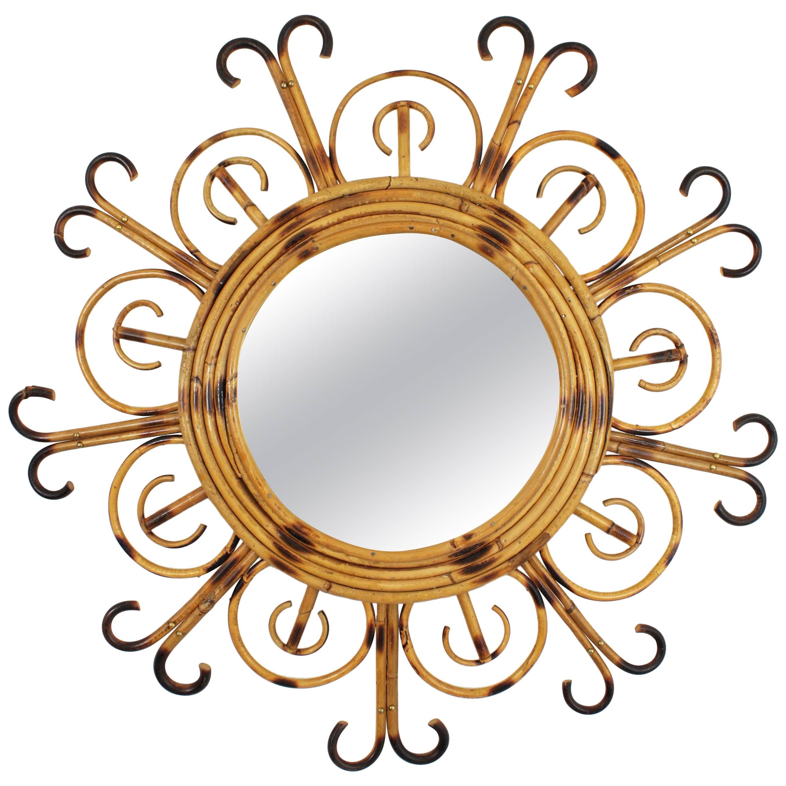 Unusual French Riviera 1950s Bamboo and Rattan Flower Burst Sunburst Mirror