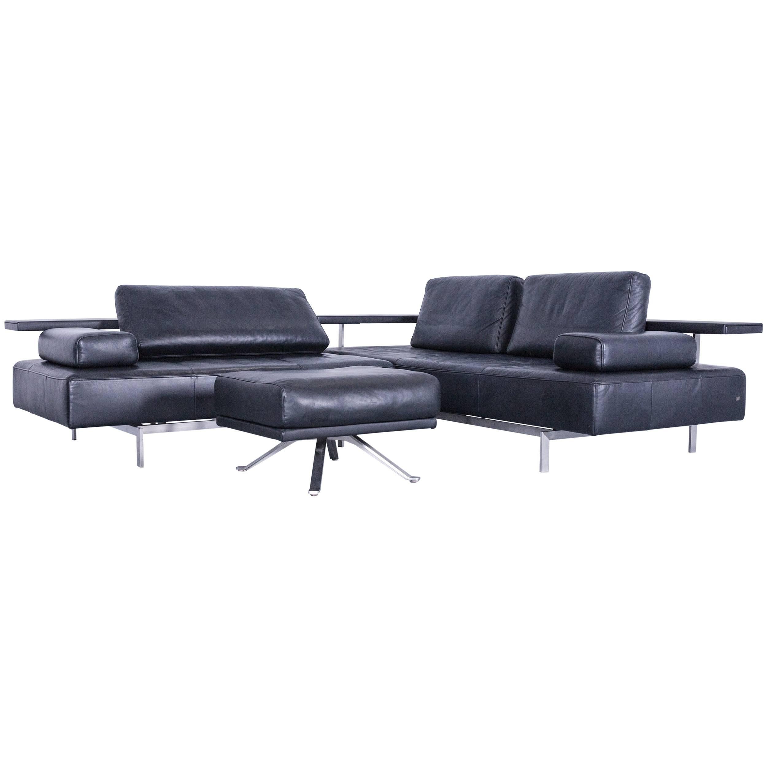 Rolf Benz Dono Designer Corner Sofa Set Footstool Dark Blue Leather Couch Modern