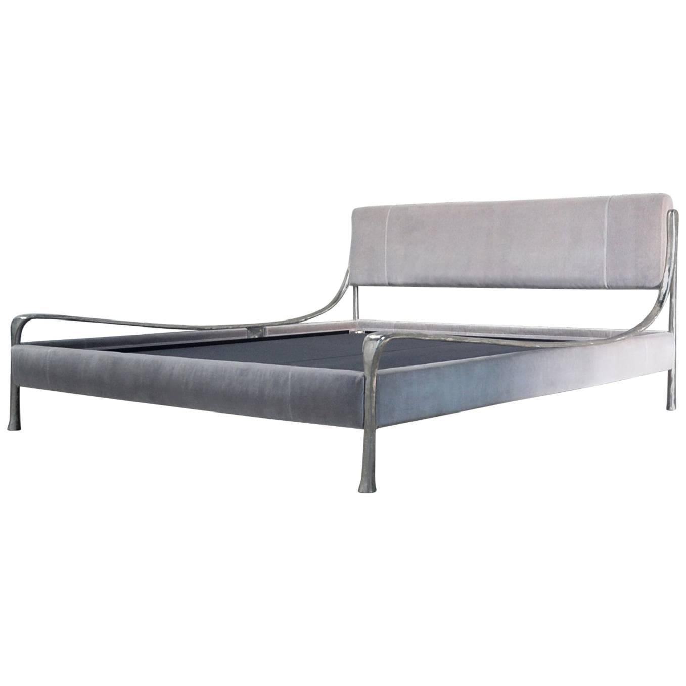 Contemporary Giac King Bed with White Bronze Frame and Upholstered Detail For Sale