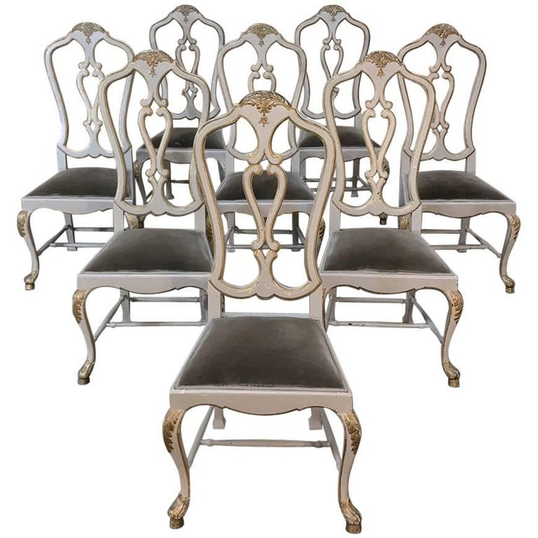 Set of Eight 19th Century Grey Painted and Gilded Italian Dining Chairs
