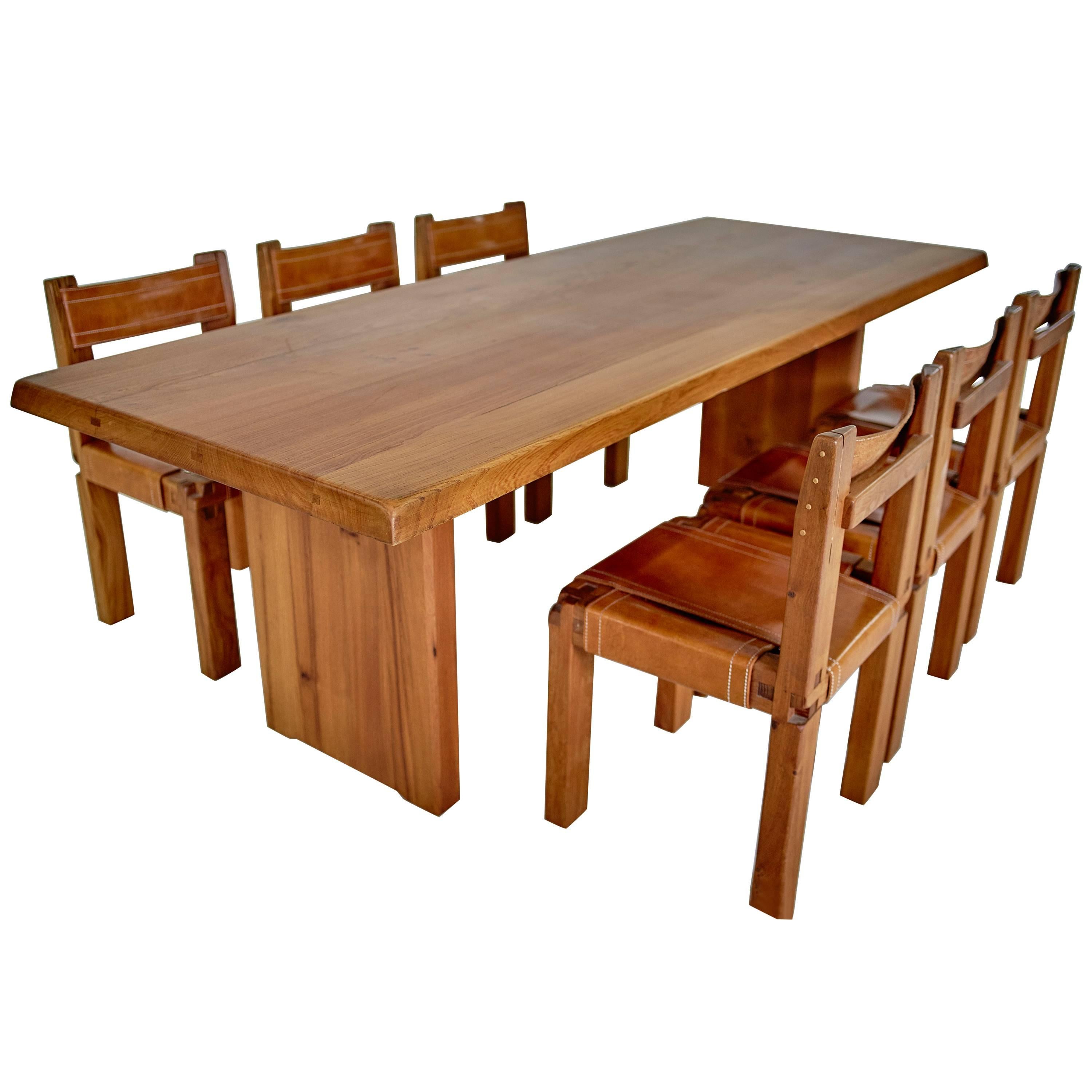 Pierre Chapo Solid Elm Set Table T14d and Six Chairs S11 France, circa 1965