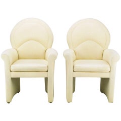 Pair Art Deco Revival Rolled Arm Club Chairs in Ivory Wool