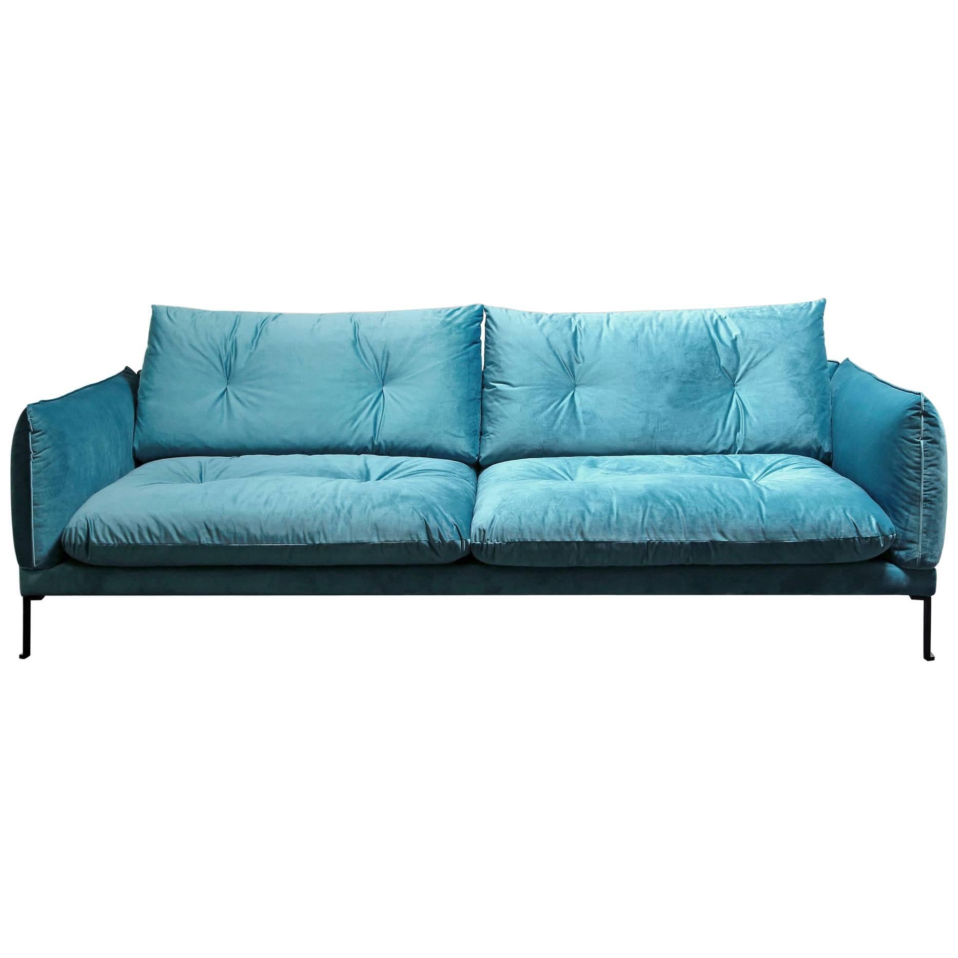 Santorini Handmade Contemporary Sofa, Tufted Cushions, Fabric Cover, Metal Legs For Sale