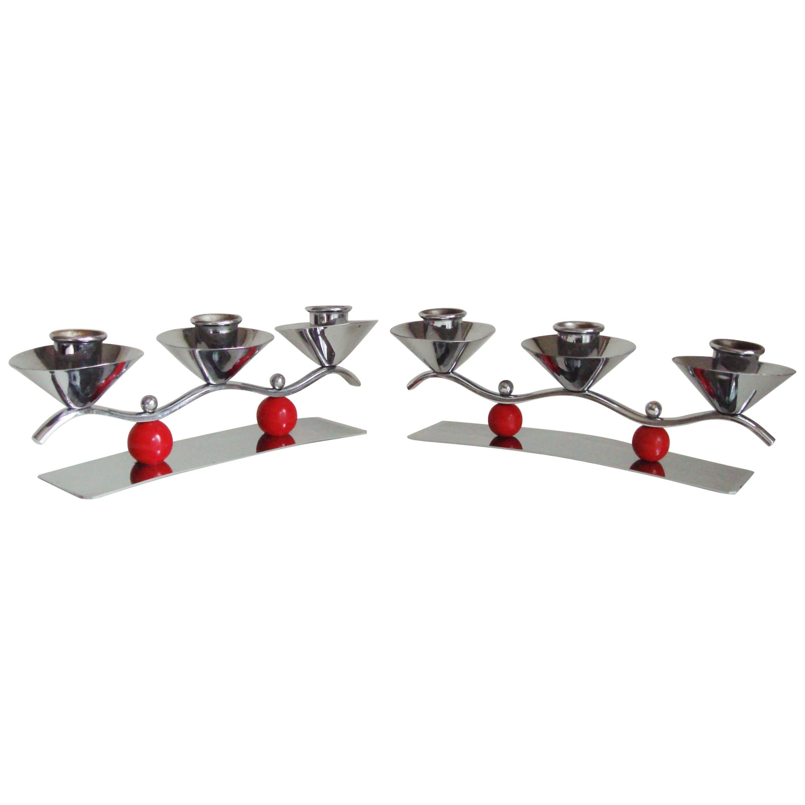 Set of Two English Midcentury/Art Deco Chrome and Red Triple Candleholders For Sale