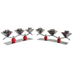 Set of Two English Midcentury/Art Deco Chrome and Red Triple Candleholders