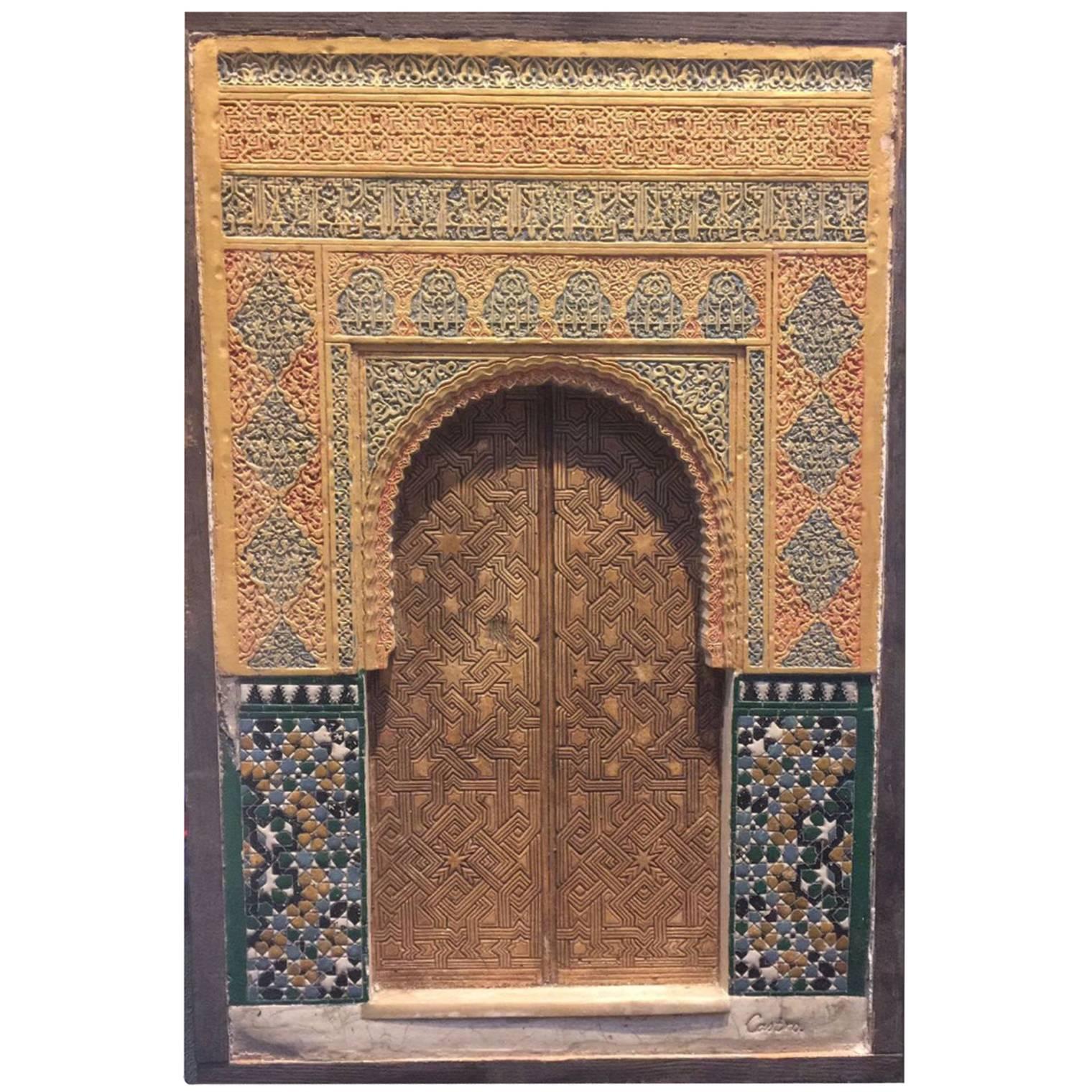 Painted and Carved Plaster Plaque of the Alhambra, Granada, Late 19th Century