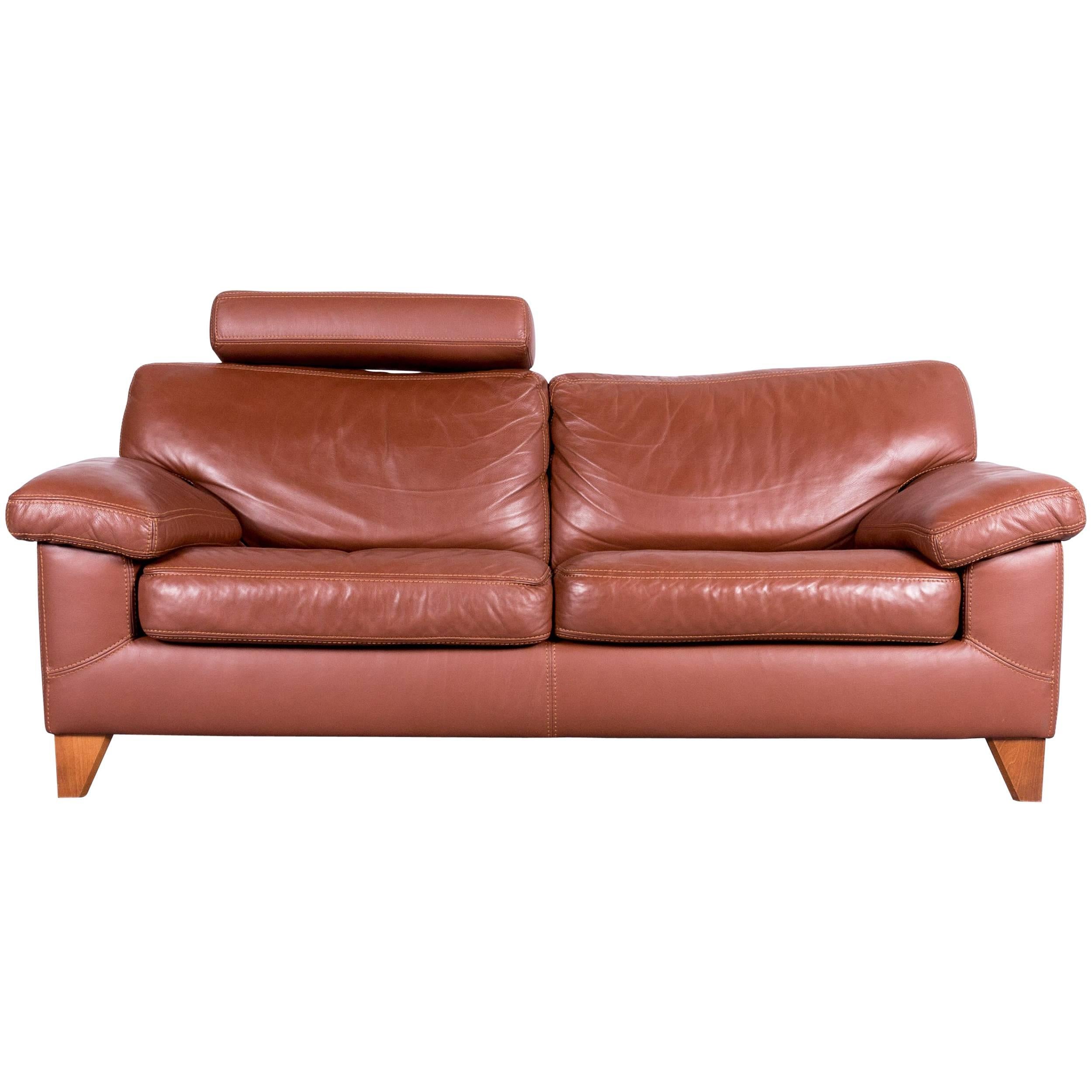 Machalke Designer Brown Leather Sofa Two-Seat Couch Neck Rest For Sale