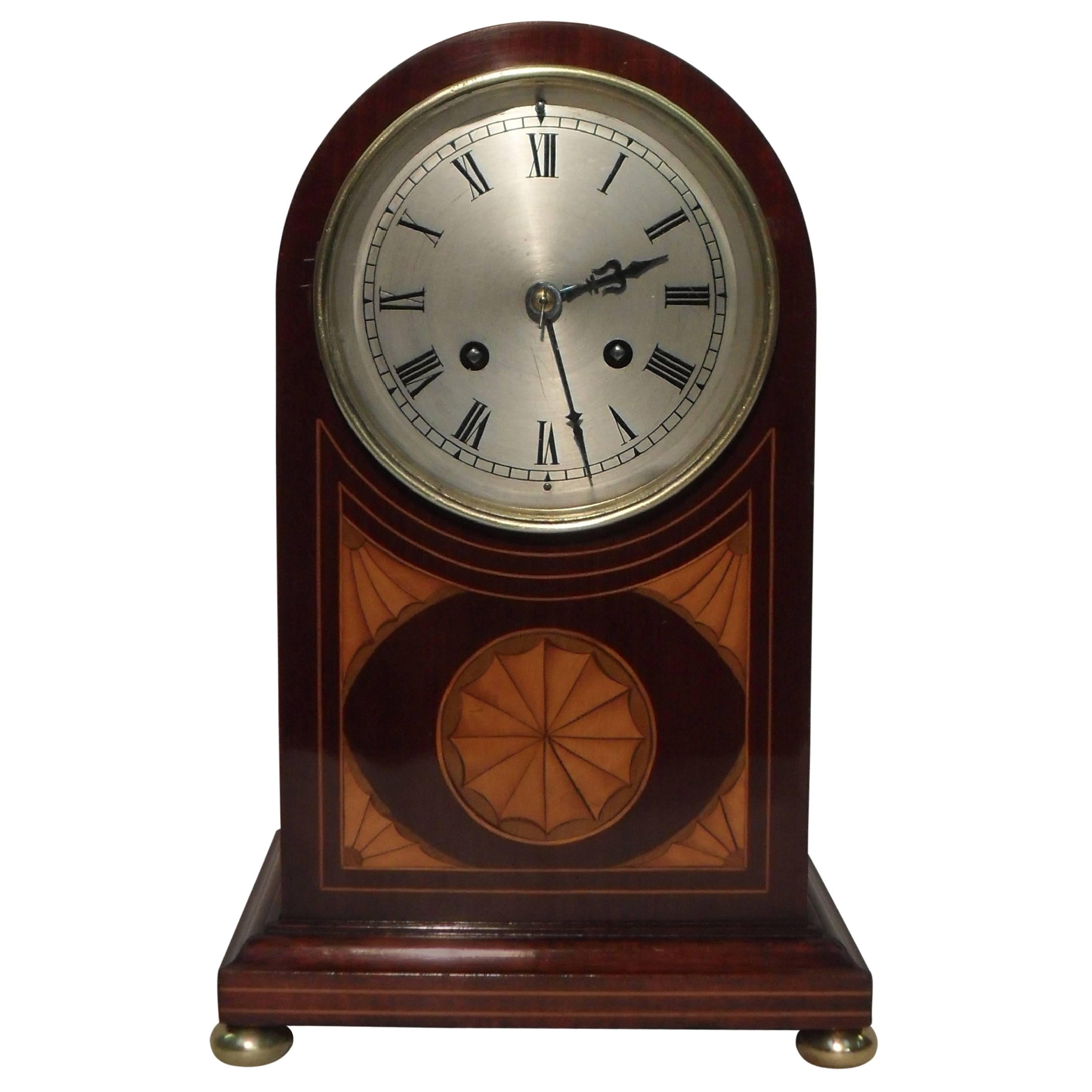 French Belle Epoque Mahogany and Satinwood Inlaid Mantel Clock