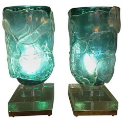 Pair of Emerald Murano Glass Table Lamps, 1980s
