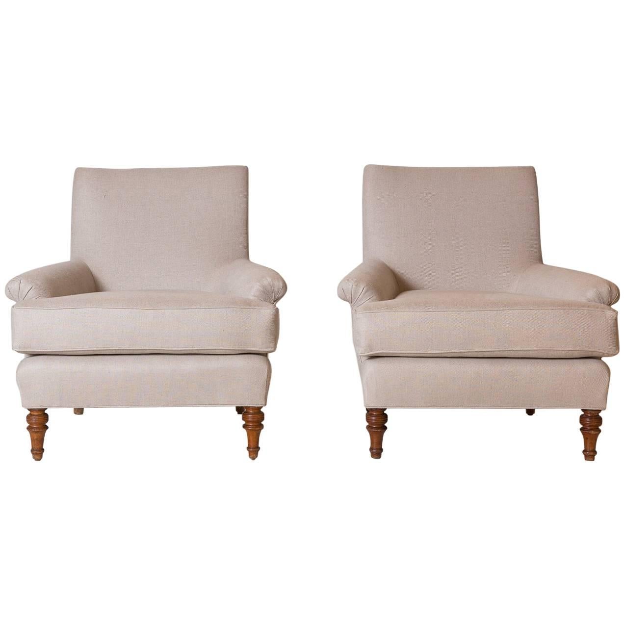Pair of French Lounge Chairs Newly Upholstered in Natural Linen with Turned Legs