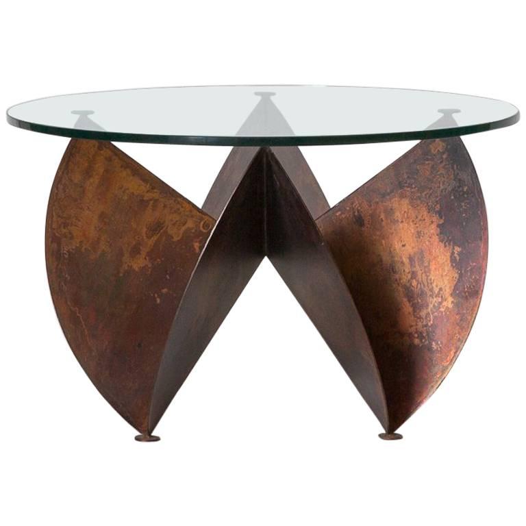 Sculptural Copper Side Table with Round Glass Top