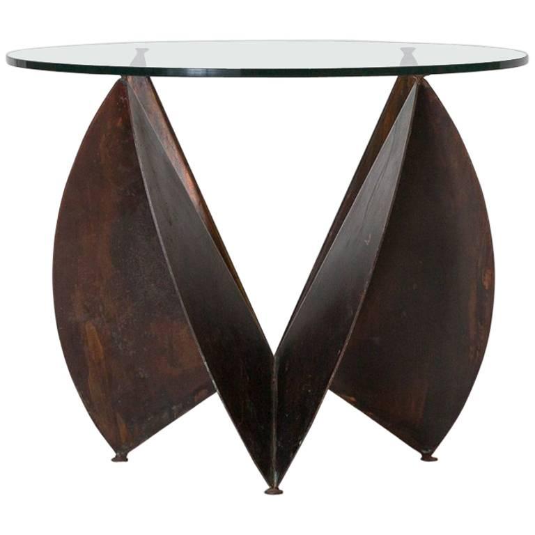 Tall Sculptural Copper Side Table with Round Glass Top