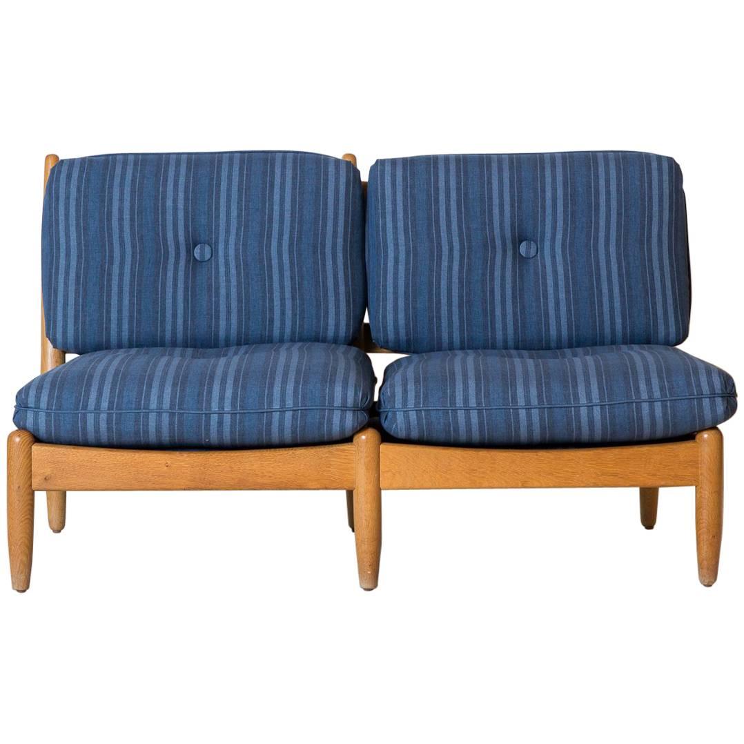 Midcentury Danish Armless Settee Upholstered in Blue Striped Fabric