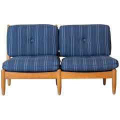 Midcentury Danish Armless Settee Upholstered in Blue Striped Fabric