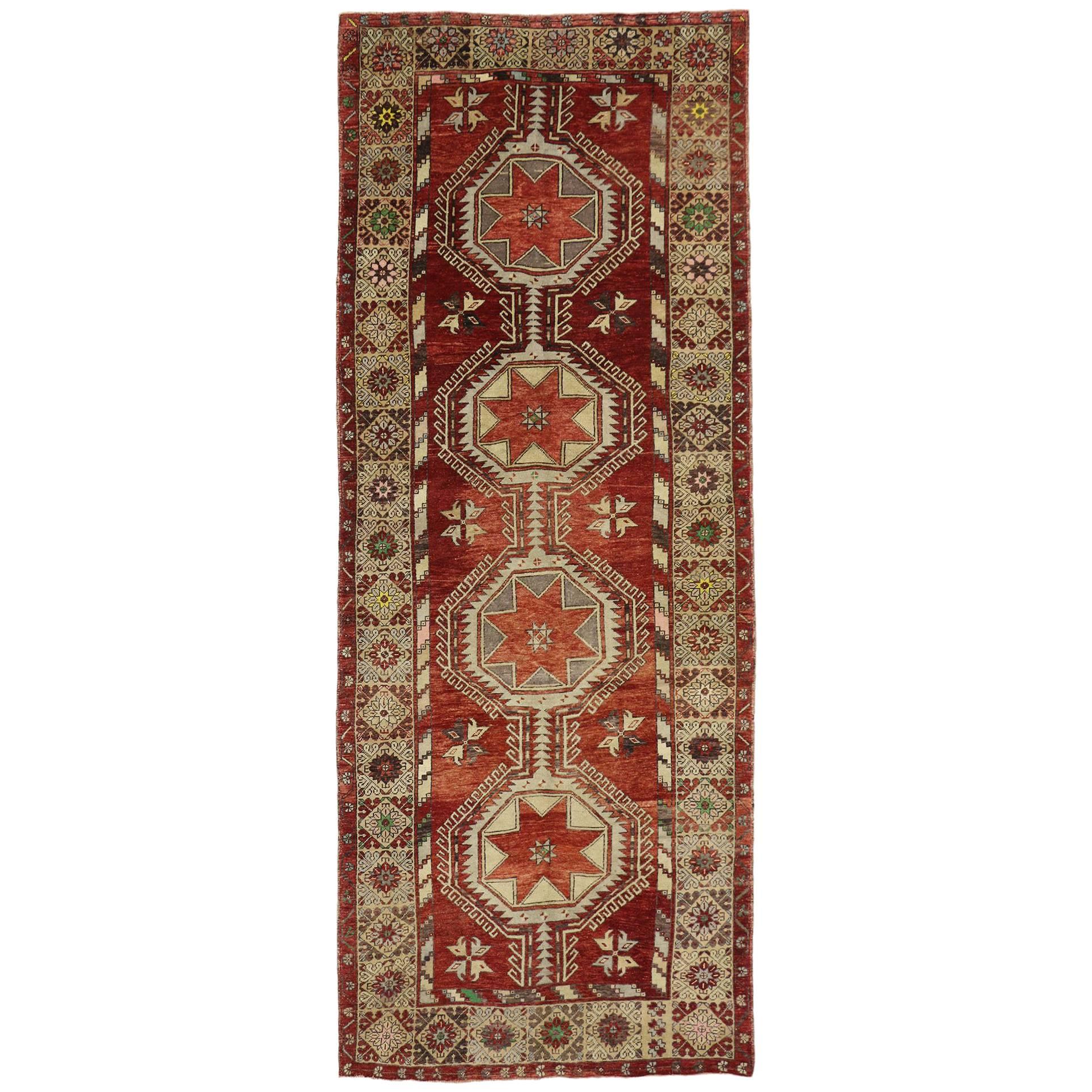 Vintage Turkish Oushak Gallery Rug with Mid-Century Modern Style, Hallway Runner For Sale