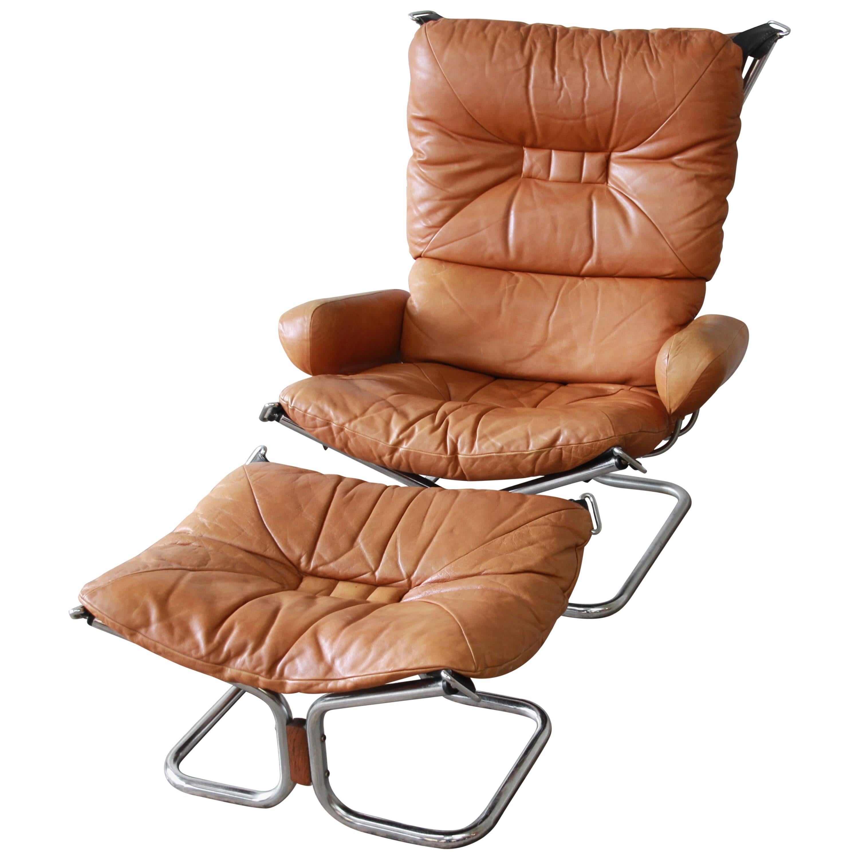 Ingmar Relling for Westnofa Brown Leather and Chrome Lounge Chair and Ottoman