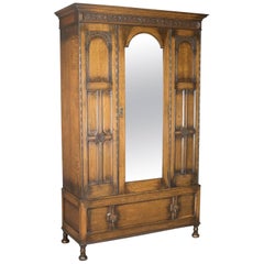 Antique Wardrobe, English Oak Mirror Door Compactum Gothic Overtones, circa 1910