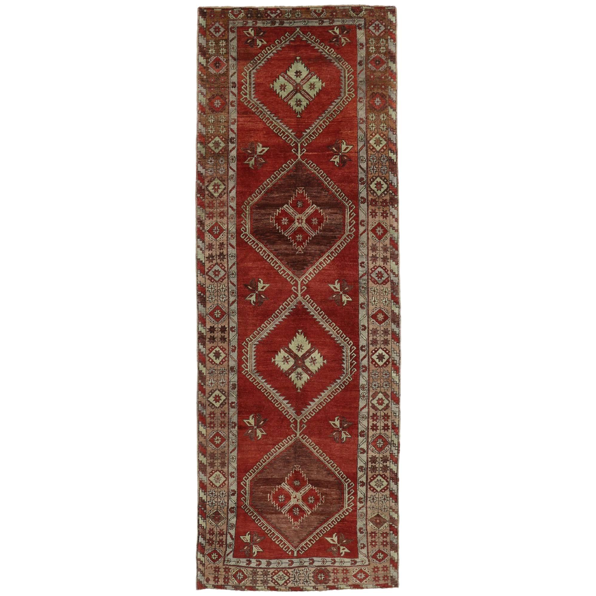 Vintage Turkish Oushak Gallery Rug with Mid-Century Modern Style, Hallway Runner