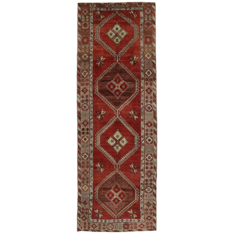Vintage Turkish Oushak Gallery Rug with Mid-Century Modern Style, Hallway Runner For Sale