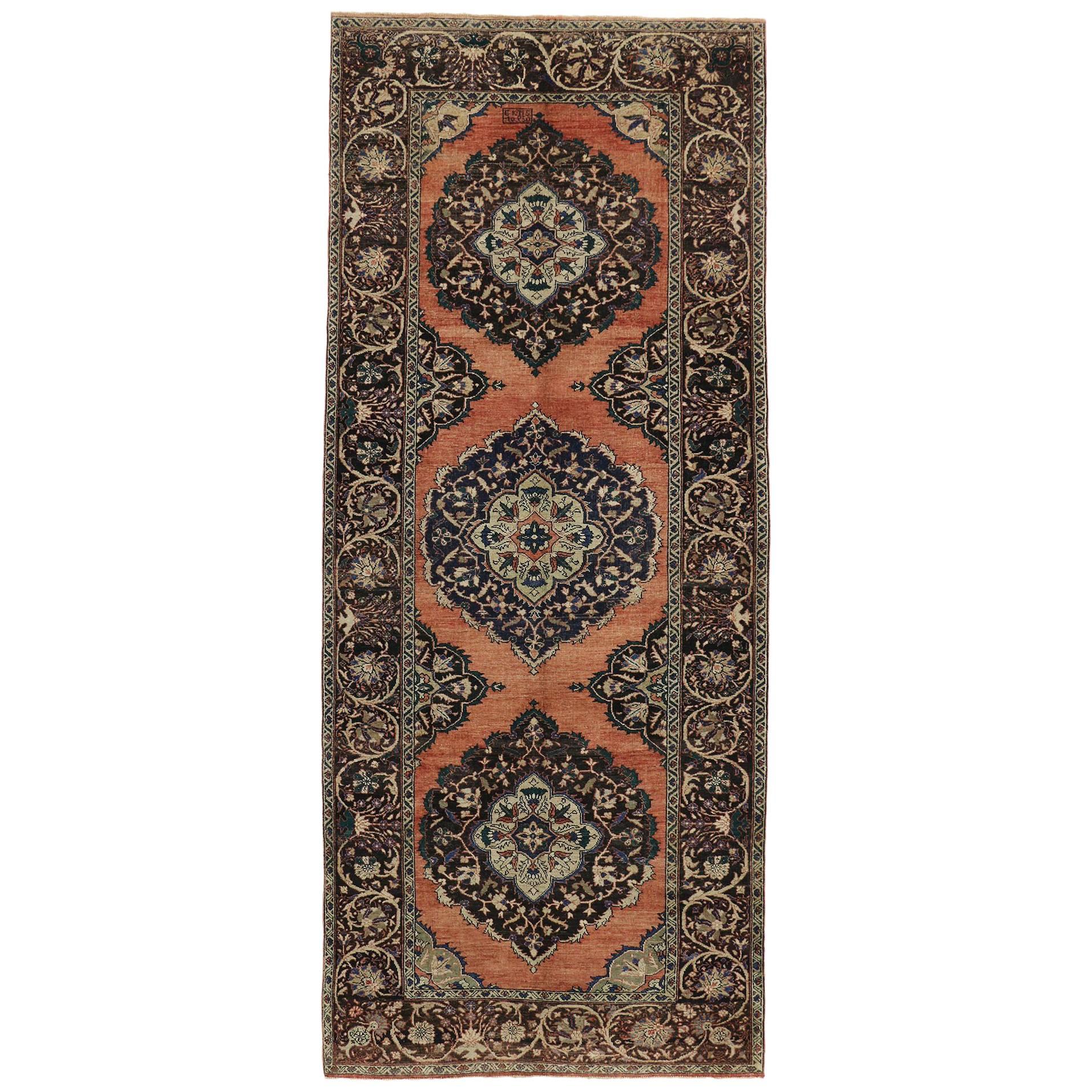 Vintage Turkish Oushak Gallery Rug with Jacobean Style, Wide Hallway Runner For Sale