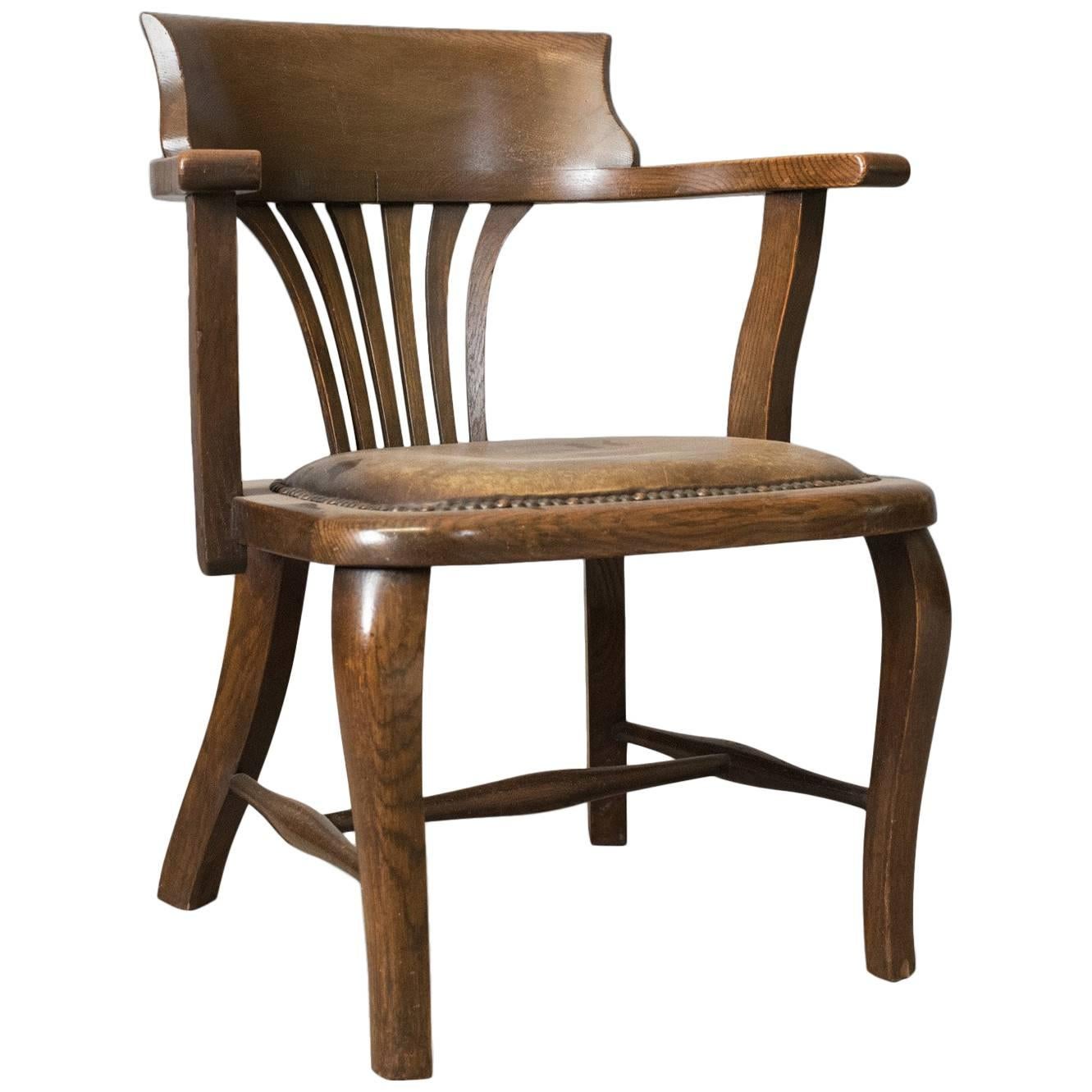 Antique Captain's Chair, English, Oak, Bow-Back, Leather, Smokers circa 1910