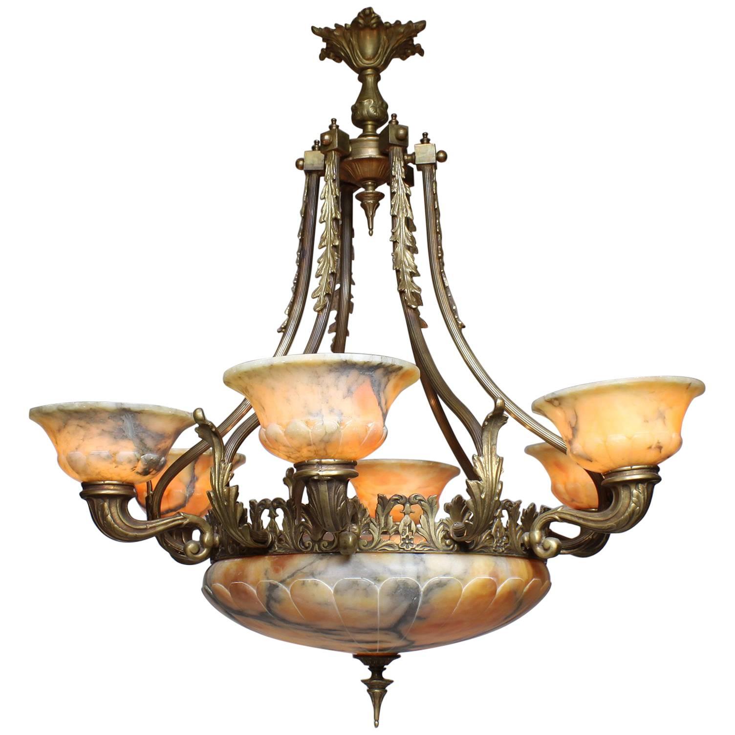 French 20th Century Art Deco Bronze and Alabaster Six-Light Chandelier