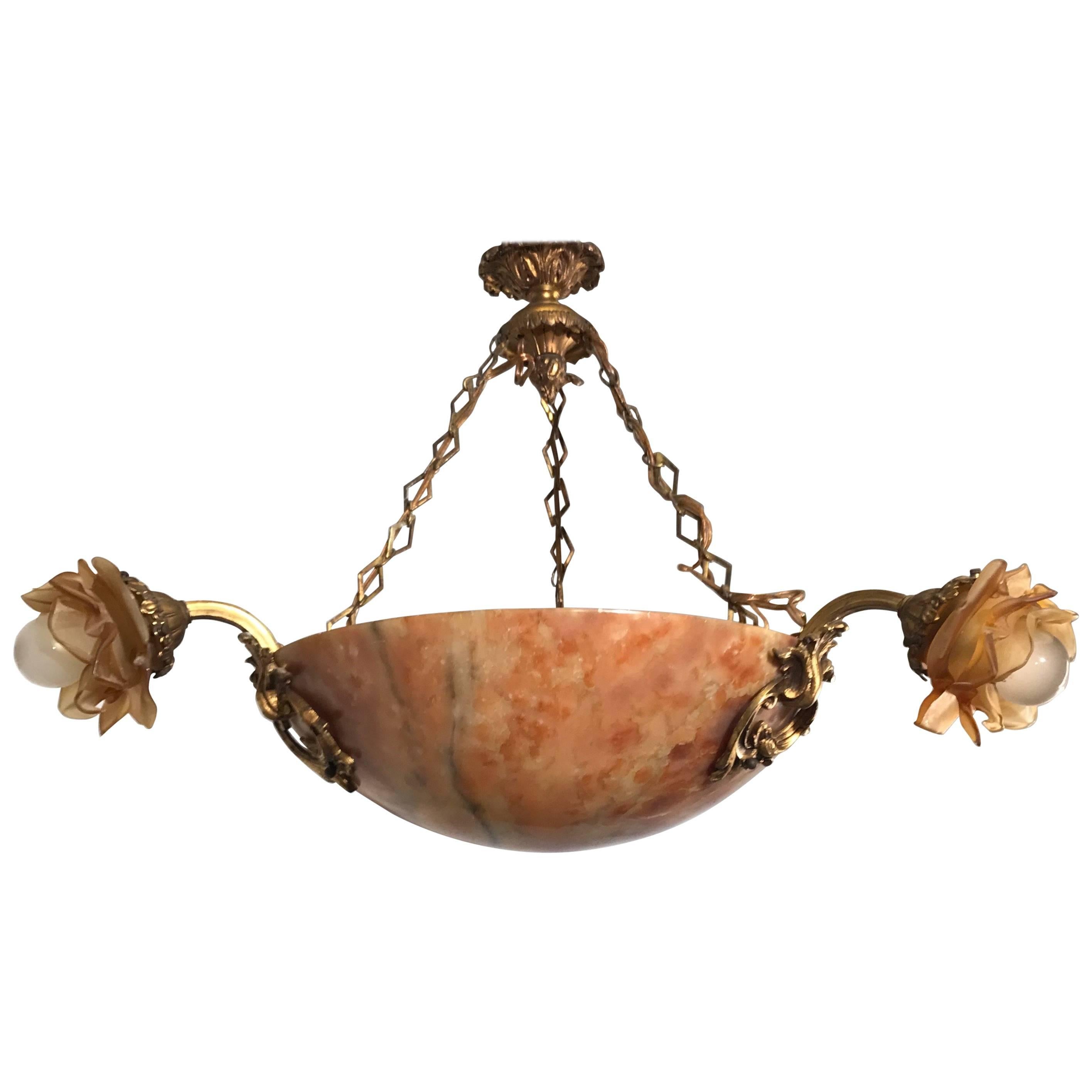 Early 20th Century French Alabaster and Gilt Bronze Pendant or Light Fixture For Sale